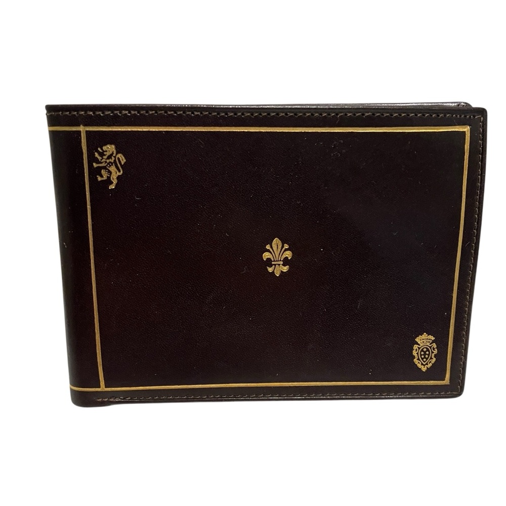 Vintage Genuine Calf Leather Brown Gold Trim Single Fold Wallet Made in Florence